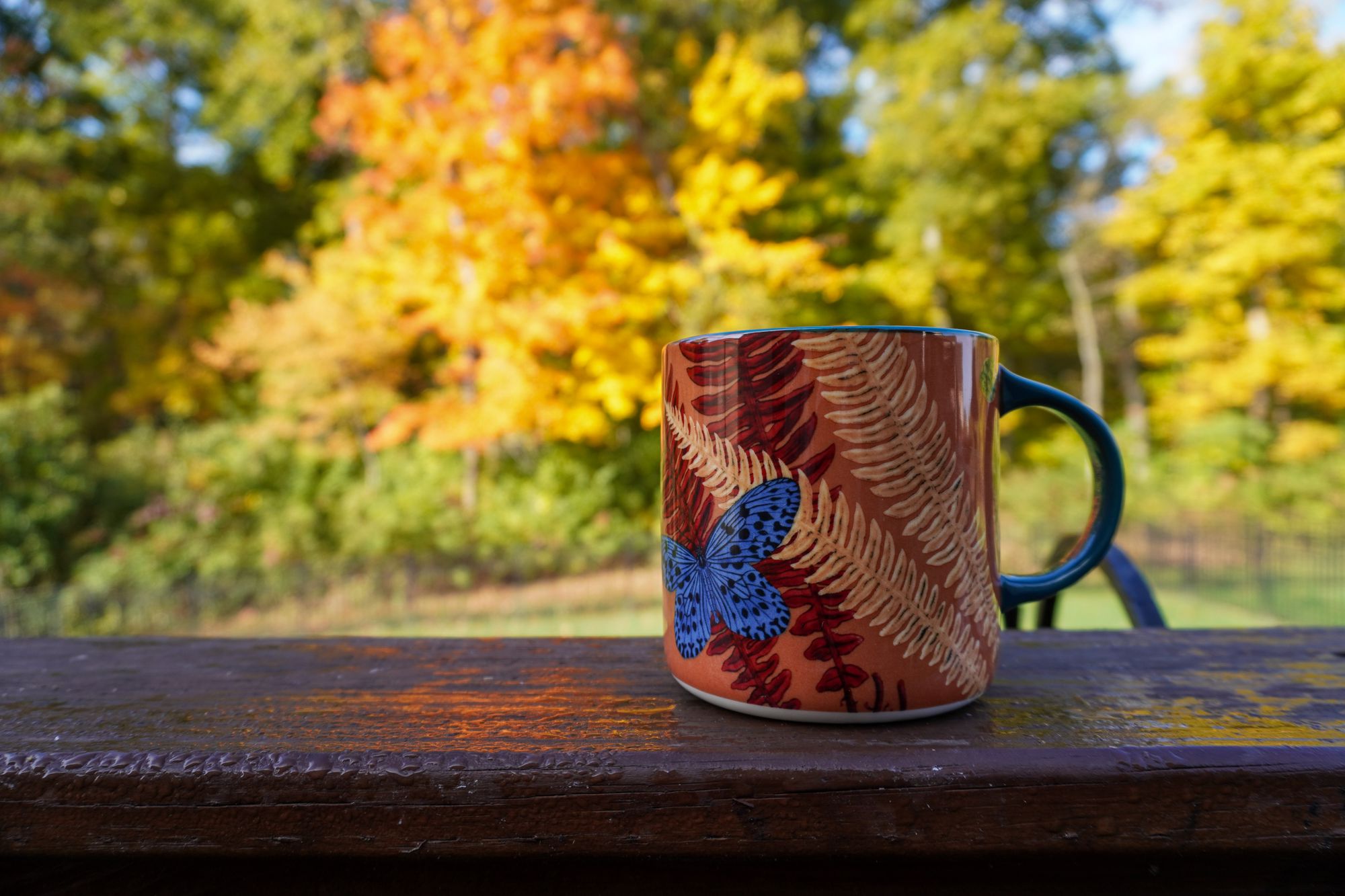 coffee mug (decorated with autumnal foliage and a blue butterfly) sitting on the deck railing in front of a vibrant line of yellow and orange trees